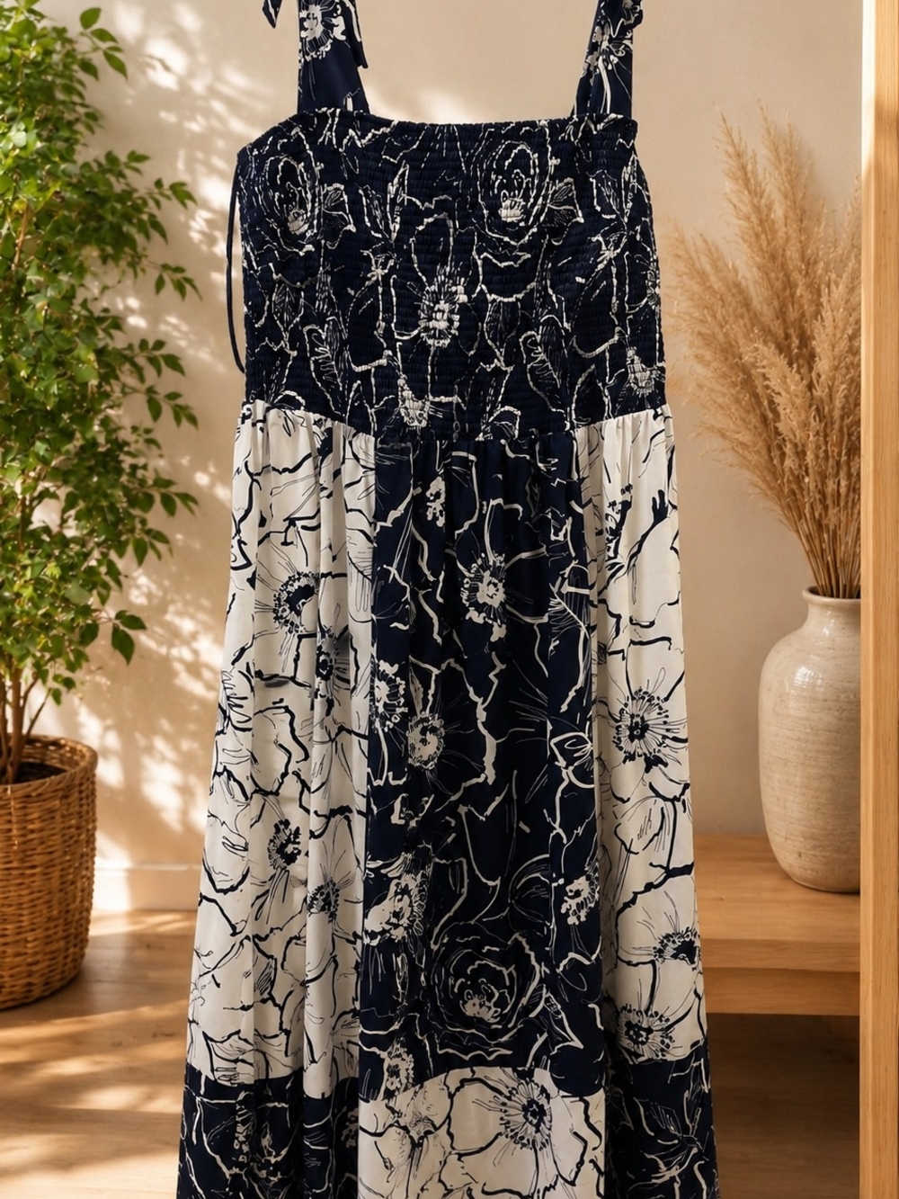 Gabby Skye floral smocked maxi dress navy white plus size 24w boho summer